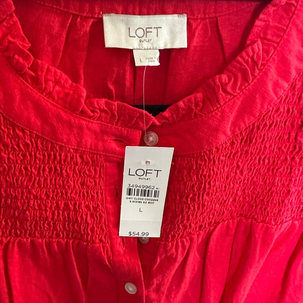 LOFT Red Smocked Mandarin Collar Blouse